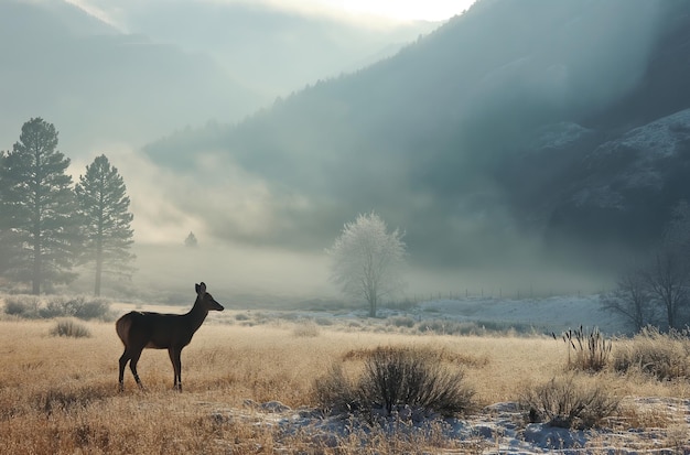 Majestic Deer Standing in Field With Mountains in the Background