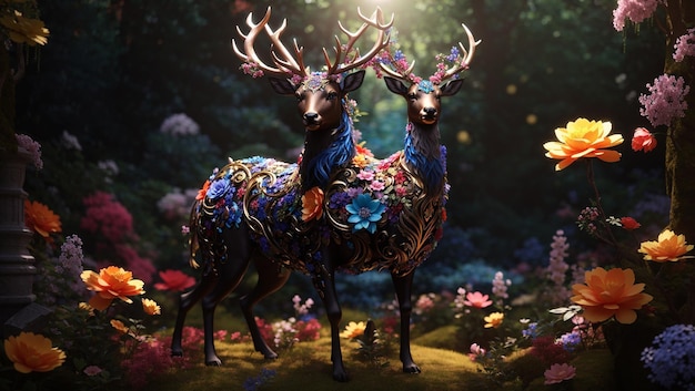 A majestic deer stands in a darkened forest The deer is adorned with golden armor and a variety of