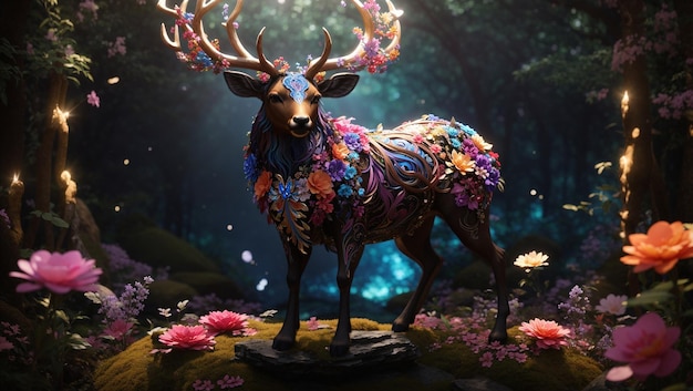 A majestic deer stands in a darkened forest The deer is adorned with golden armor and a variety of