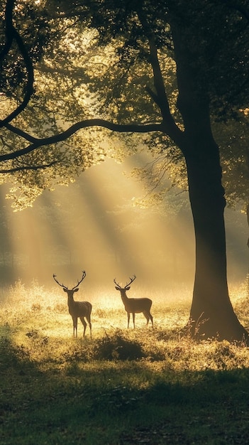 Photo majestic deer in sunlit forest serene nature scene with rays of light