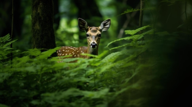 Photo a majestic deer with antlers hidden in lush forest foliage