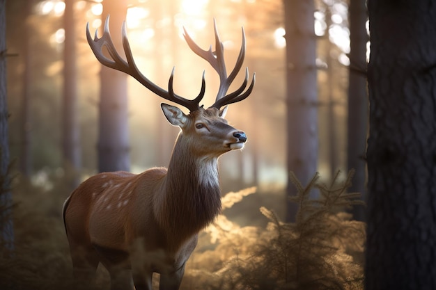 A majestic deer with antlers standing proudly in the forest at dawn