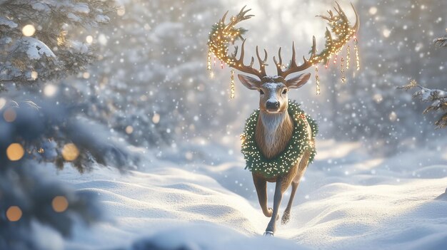 Photo majestic deer with large antlers adorned with glowing christmas lights stands in snowy winter forest soft sunlight and snowflakes create magical holiday atmosphere