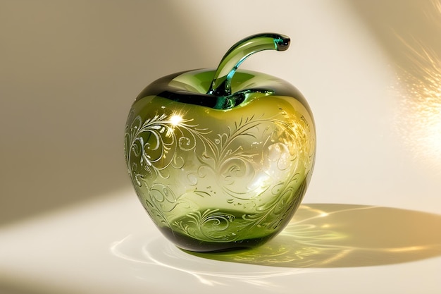 Photo a majestic delicate green glass apple surrounded by a faint soft focus warm golden glow