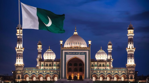 A majestic depiction of the Faisal Mosque in Islamabad illuminated at night with the Pakistani flag