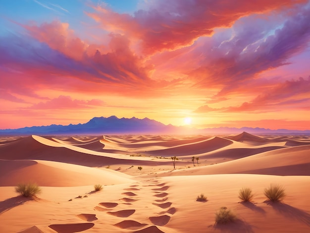 a majestic desert scene with sand dunes stretching into the horizon