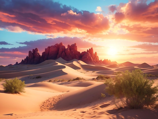 a majestic desert scene with sand dunes stretching into the horizon