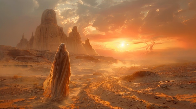 Majestic Desert Sunset with Mystical Figures