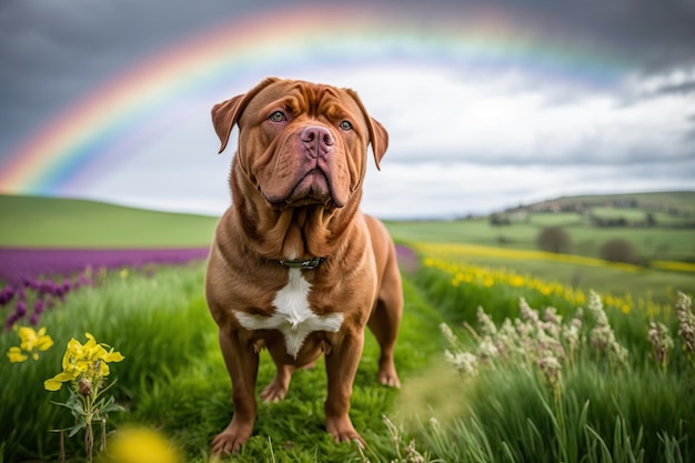 A majestic dogues purebred canine patiently awaits its next adventure amidst the vast expanse of a lush meadow Ai generated