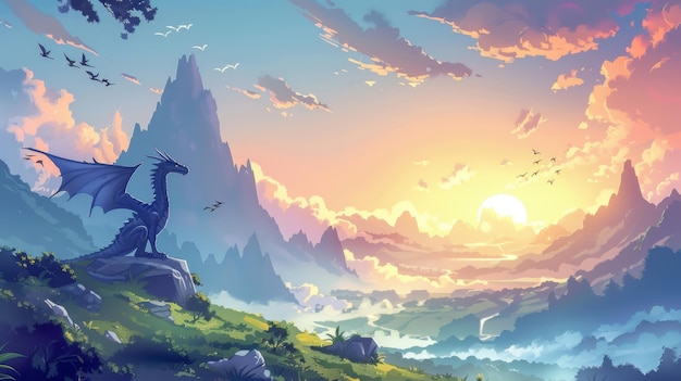 A majestic dragon perched on a cliff overlooking a vast colorful mountain valley during sunset