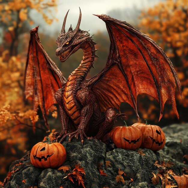 Majestic dragon perched on rocks surrounded by pumpkins in autumn