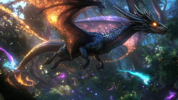 Photo majestic dragon shimmering scale glowing eye fly over enchanted forest vibrant magic swirling