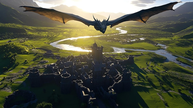 Photo a majestic dragon soars over a medieval castle nestled in lush green valleys at sunset casting a striking silhouette against the vibrant landscape