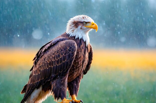 Majestic Eagle Portrait with Blurred Background Bald Eagle Standing in Rain