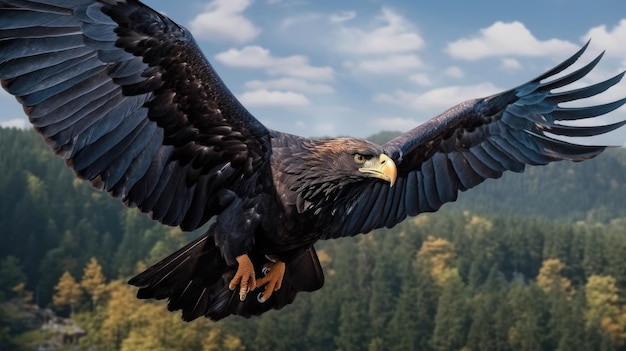 Majestic Eagle Soaring Over Forest Landscape Generative AI