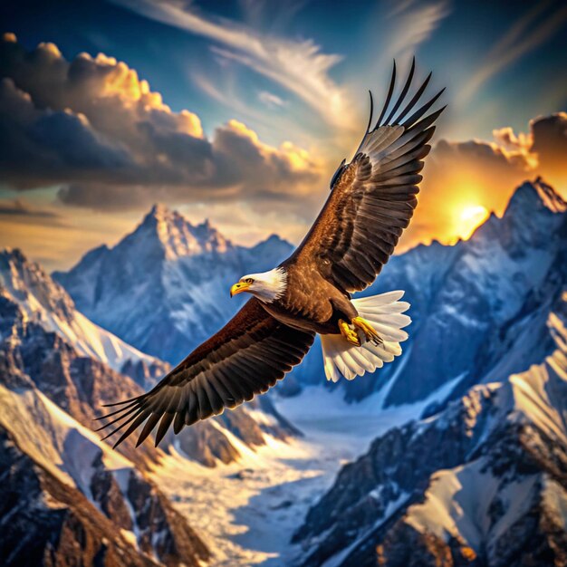 Majestic eagle soaring above a mountain range