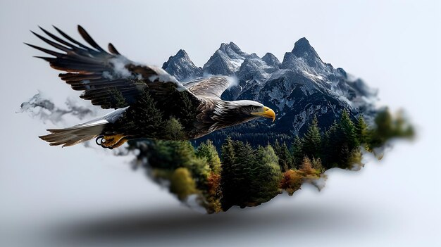 Photo majestic eagle soaring over rugged mountain peaks in double exposure