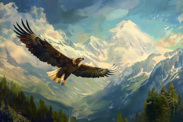 Majestic Eagle Soaring Above SnowCapped Mountains