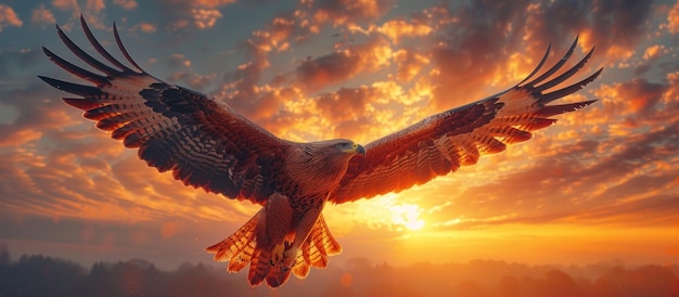 Majestic Eagle Soaring Through Sunset Sky