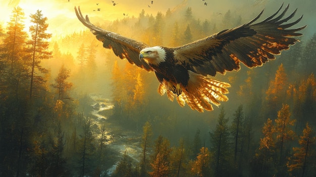 A majestic eagle soaring over a vibrant autumn landscape