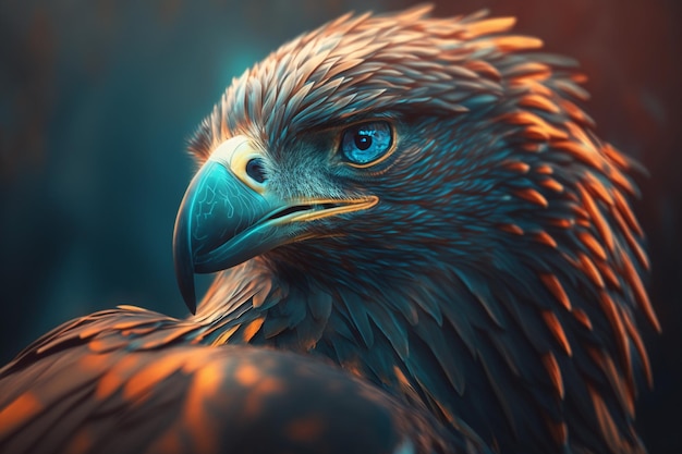 Majestic eagle teal and orange colors extreme close up generative ai