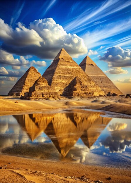 Photo majestic egypt pyramids reflected in tranquil water sunset perfect wallpaper and background image