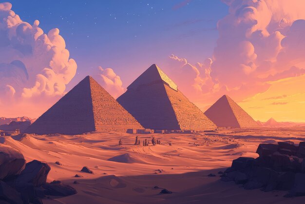 Majestic Egyptian Pyramids Under a Glowing Sunset Sky with Beautiful Cloud Formations