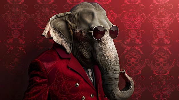 Majestic Elephant in Luxurious Red Coat and Sunglasses Against Ornate Patterned Background