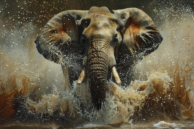 Majestic elephant splashing in water