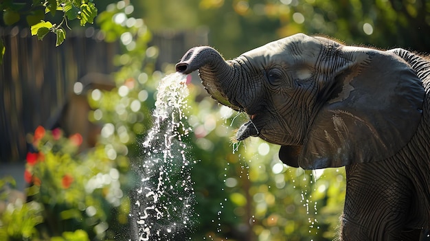 A majestic elephant sprays water from its trunk into the air creating a refreshing shower on a hot day