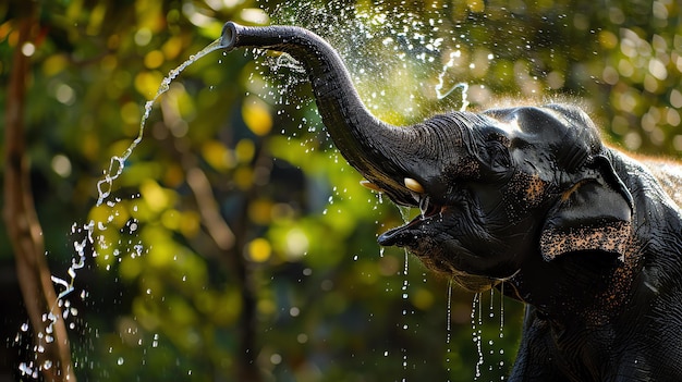 A majestic elephant sprays water from its trunk while bathing in a river