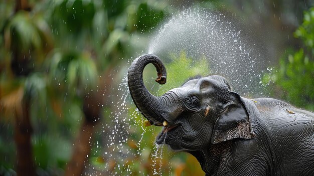 A majestic elephant sprays water from its trunk while enjoying a refreshing bath in the jungle