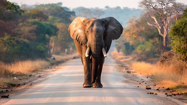 Majestic elephant walking solo down a paved road amidst the hazy rural African landscape The gigantic creature towers over the narrow path surrounded by the lush