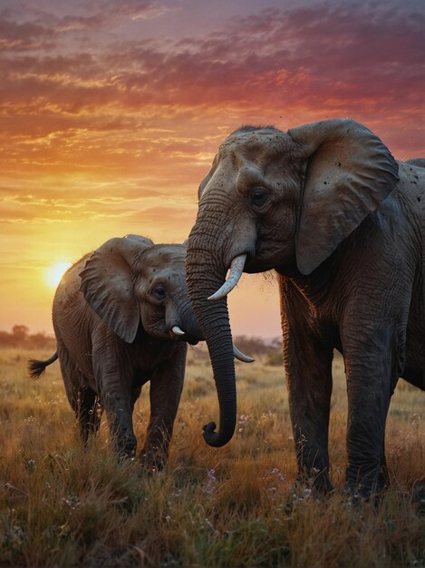 Majestic Elephant Walking in a Vast Field at Sunrise