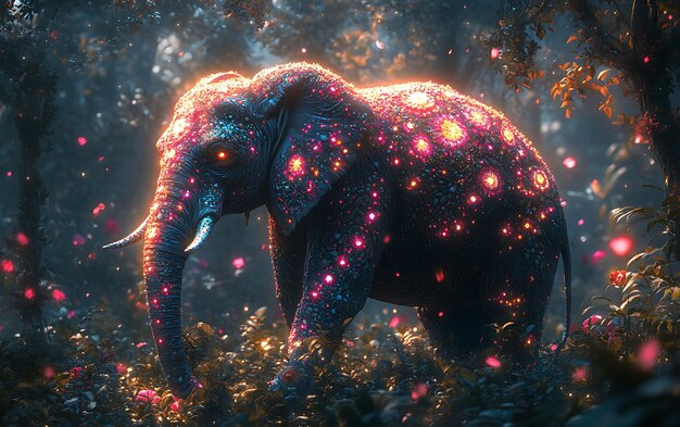 Photo a majestic elephant with glowing constellations on its skin stands in a lush forest surrounded by falling petals