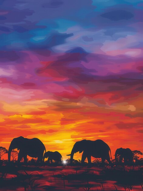 Majestic elephants walk across a savanna as the sun sets creating a stunning silhouette against the colorful sky Generative AI