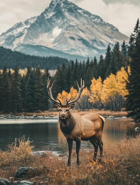 Photo majestic elk in autumn landscape with mountain backdrop