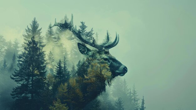 A majestic elk silhouette emerges from a misty forest its antlers blending with the surrounding trees The image evokes a sense of tranquility and connection to nature