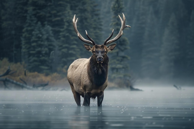 Photo a majestic elk standing in the middle of an atmospheric misty lake surrounded by dense forest its