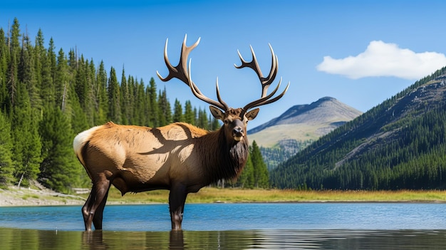 Majestic Elk Standing in the Middle of a Lake