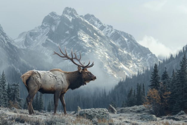 Photo majestic elk standing tall in front of a scenic snowcovered mountain range the image captures the tranquility of nature with a beautiful wildlife scene perfect for naturethemed designs ai