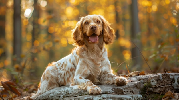 Majestic English Cocker Spaniel Posing on a Fallen Tree Trunk During Golden Hour in Autumn Forest