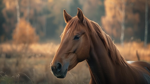 Majestic Equine Portrait Brown Horse Sunlight Filtering Through Capturing Natural Beauty