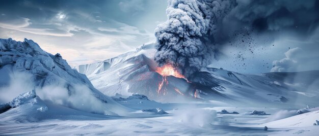 Majestic erupting volcano amidst a serene snowcovered landscape