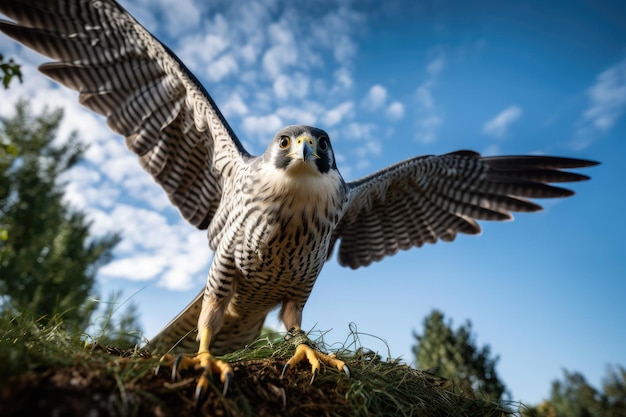 Majestic falcon flying over green landscape generative IA