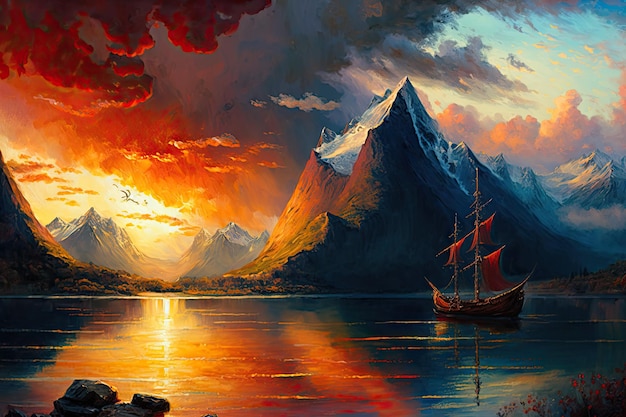 Majestic Fantasy Landscape Dramatic Sunset Moody Atmosphere