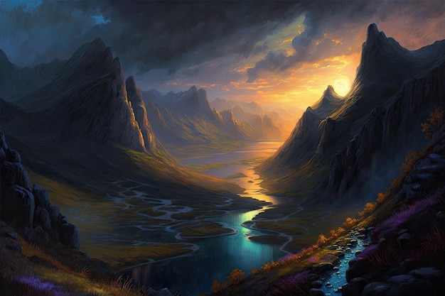 Majestic Fantasy Landscape Dramatic Sunset Moody Atmosphere