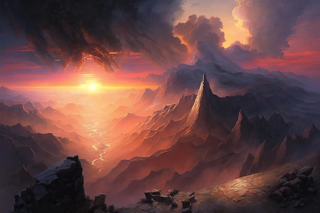 Majestic Fantasy Landscape Dramatic Sunset Moody Atmosphere