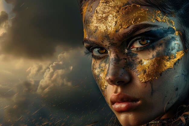 Majestic Fantasy Warrior Princess with Gold War Paint Against a Stormy Sky