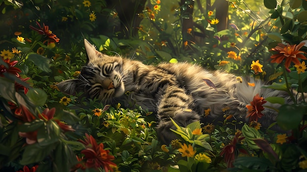 majestic feline lounging in a lush green park